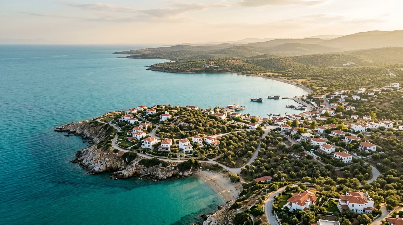 Didim coastline aerial — turquoise bay, traditional gulet sailboats